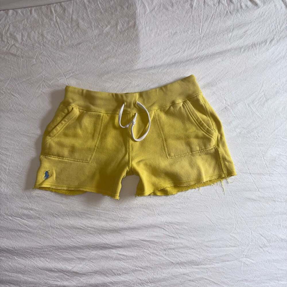 Polo Ralph Lauren Yellow Fleece Cutoff Sweat Shorts Womens S Blue Pony Logo Draw